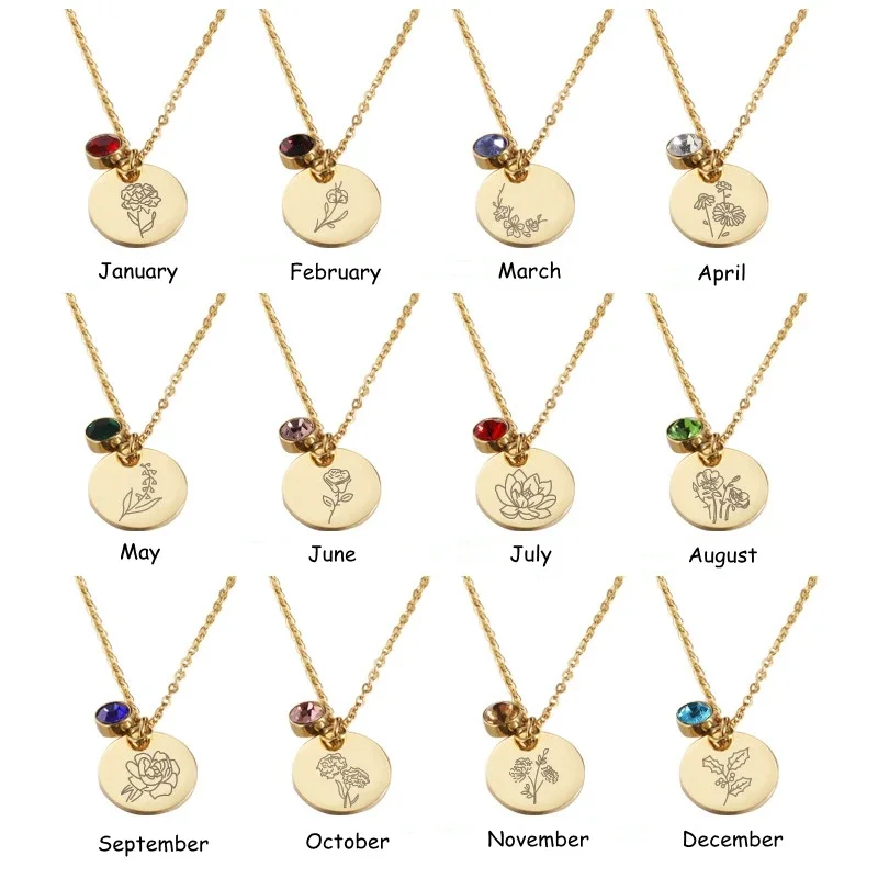 Birth Flower Necklace - 誕生月の花,ステンレス鋼のペンダント,誕生石,ママへのパーソナライズされた誕生日プレゼントを備えたネックレス