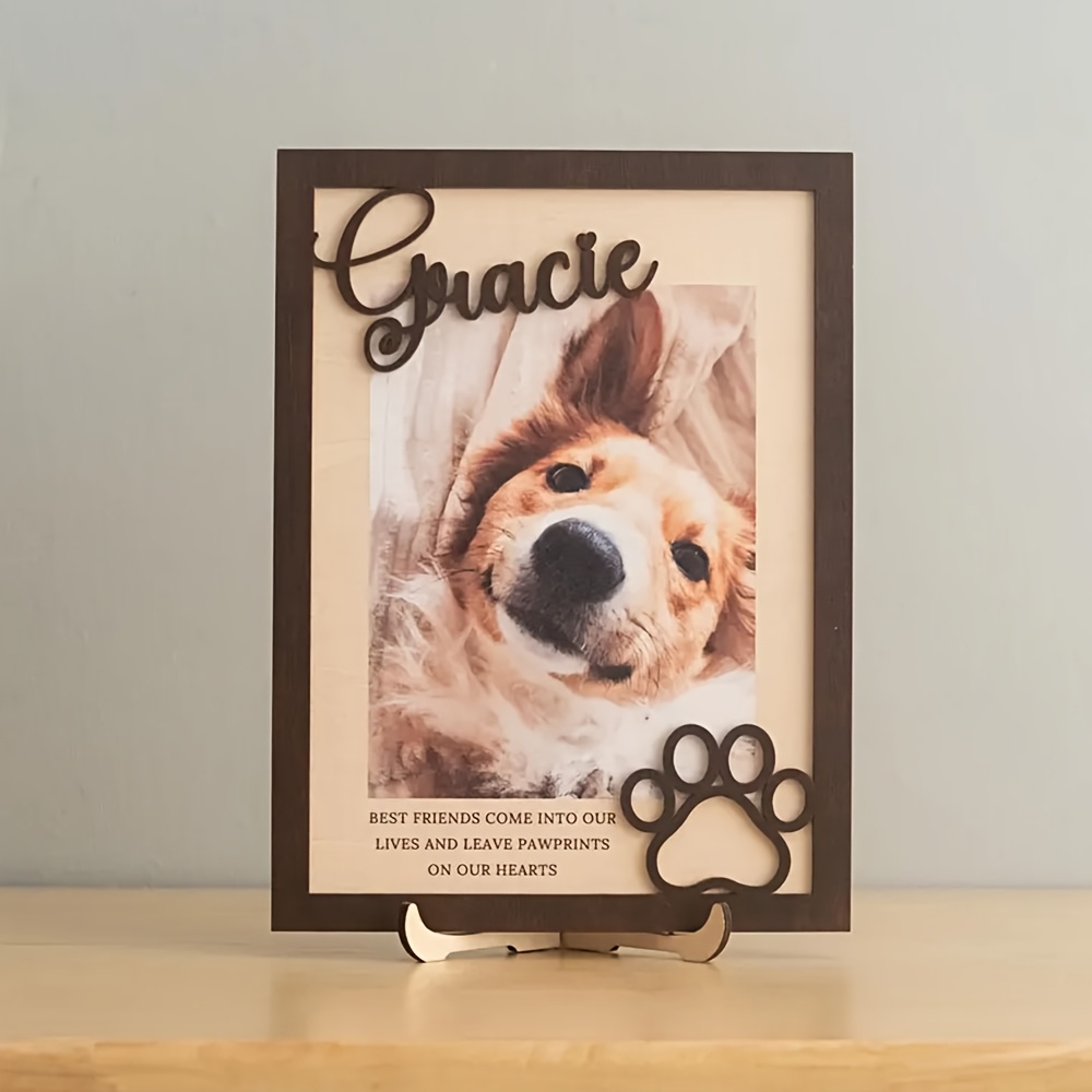 Engraved Wood Frame - カスタマイズ可能な木製ペット写真フレーム（名前と日付入り）- 縦型卓上ディスプレイ、犬のメモリアルギフト