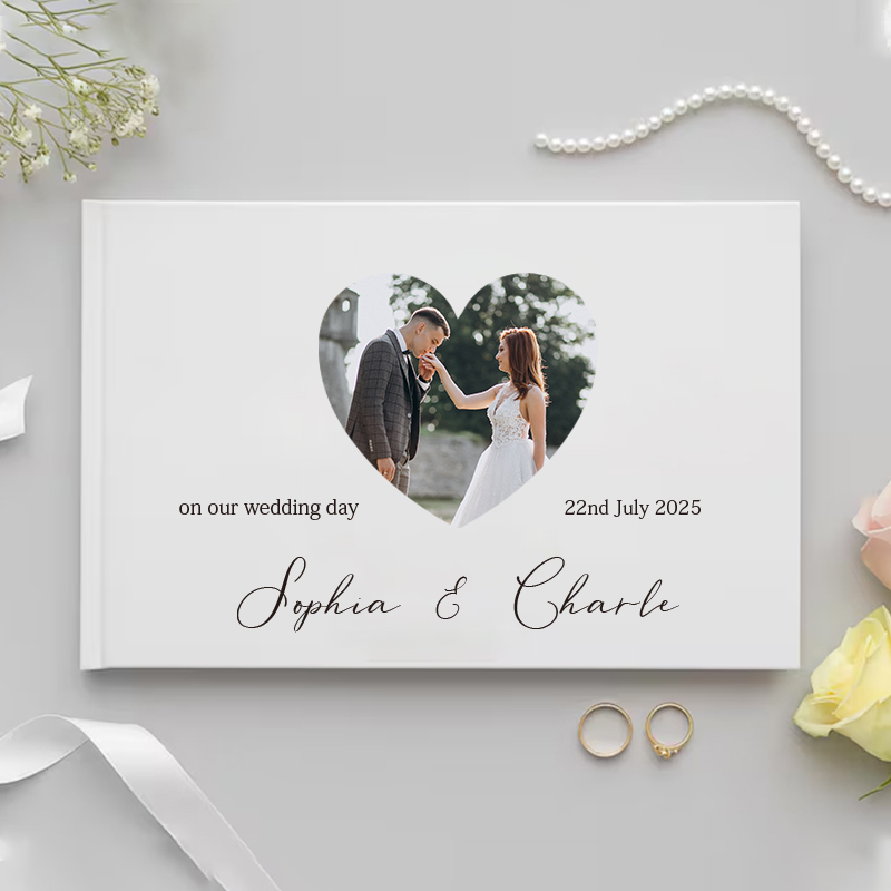 Custom Photo Book - 結婚祝い用のパーソナライズされたゲストブック ホワイトノーブルメッセージフォトアルバム シンプルでエレガントな横型記念品 署名ゲストブック