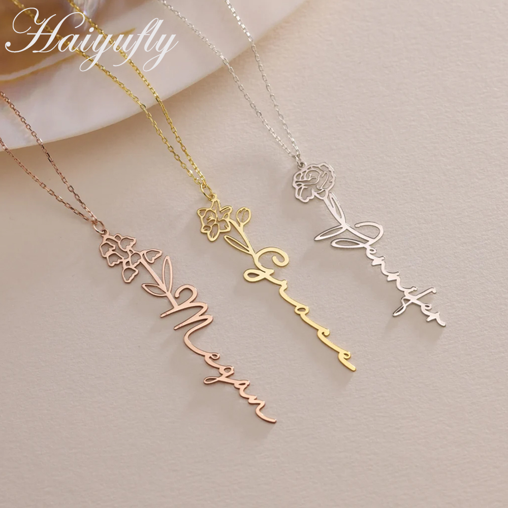 Birth Flower Necklace - Haiyufly-女性用のパーソナライズされた名前のネックレス,花柄のペンダント,ステンレス鋼のリンクチェーン,ギフトジュエリー