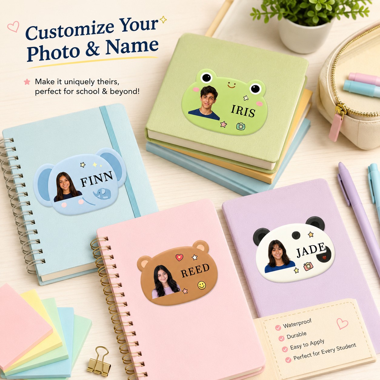 Custom Photo Book - カスタマイズされた写真入り名前ステッカー、かわいい動物の形をしたパーソナライズされた名前タグ、2サイズ展開、本、筆箱、水筒、学用品に最適