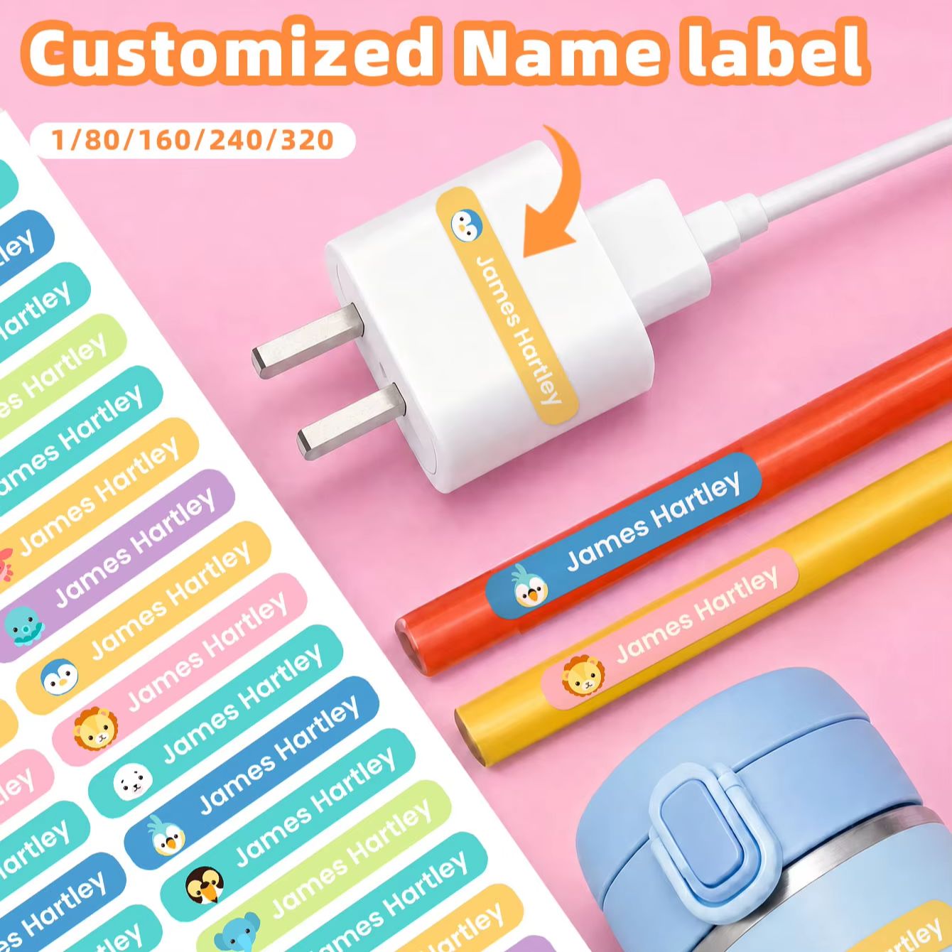 Personalized Name Box - 1-320枚のカスタム漫画名前ステッカー、防水パーソナライズラベル、ブックカバー、イヤホンケース、化粧品バッグ用