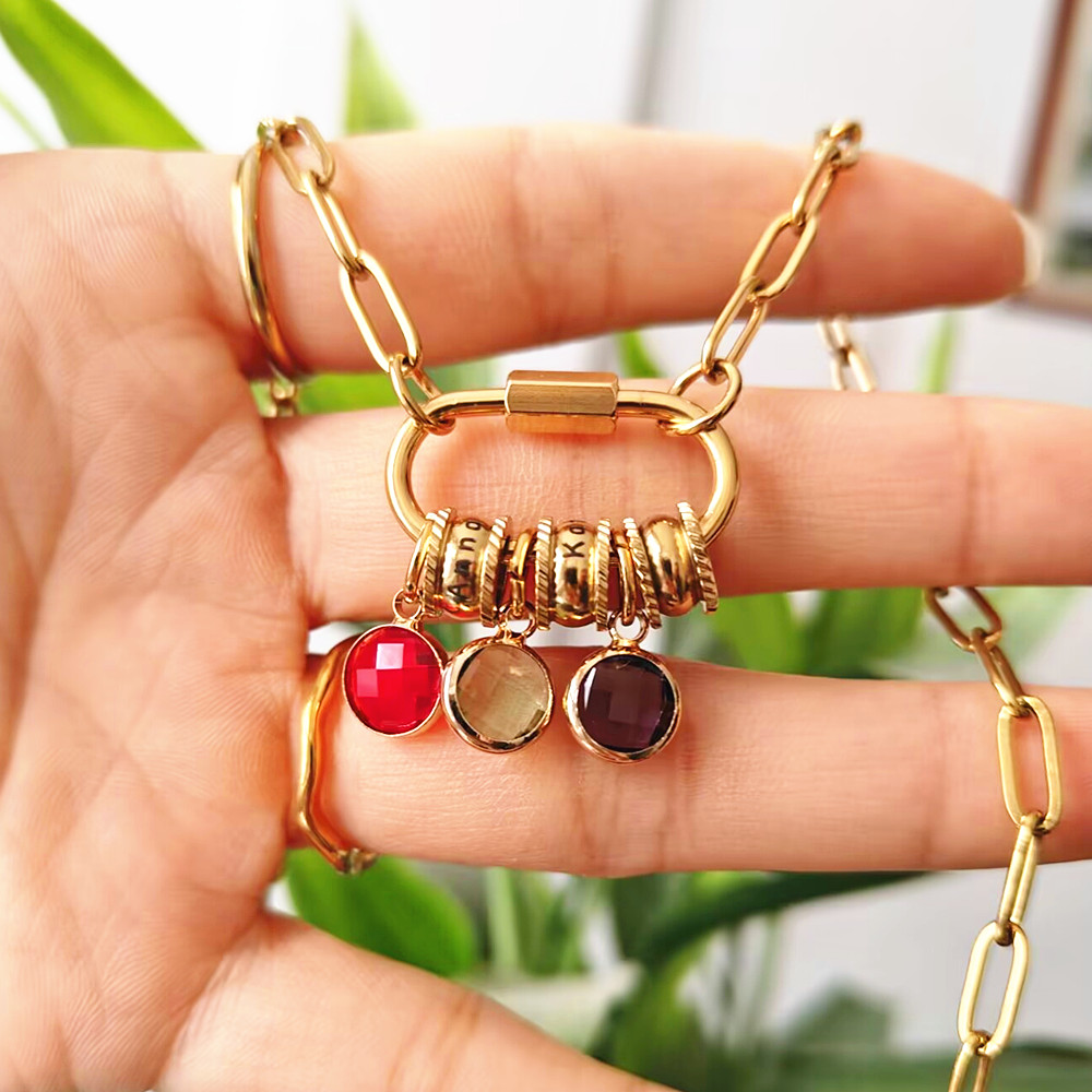 Birth Flower Necklace - パーソナライズされたカラビナネックレス,パーソナライズされた誕生石,ステンレス鋼のクリップチェーン,パーソナライズされたギフト