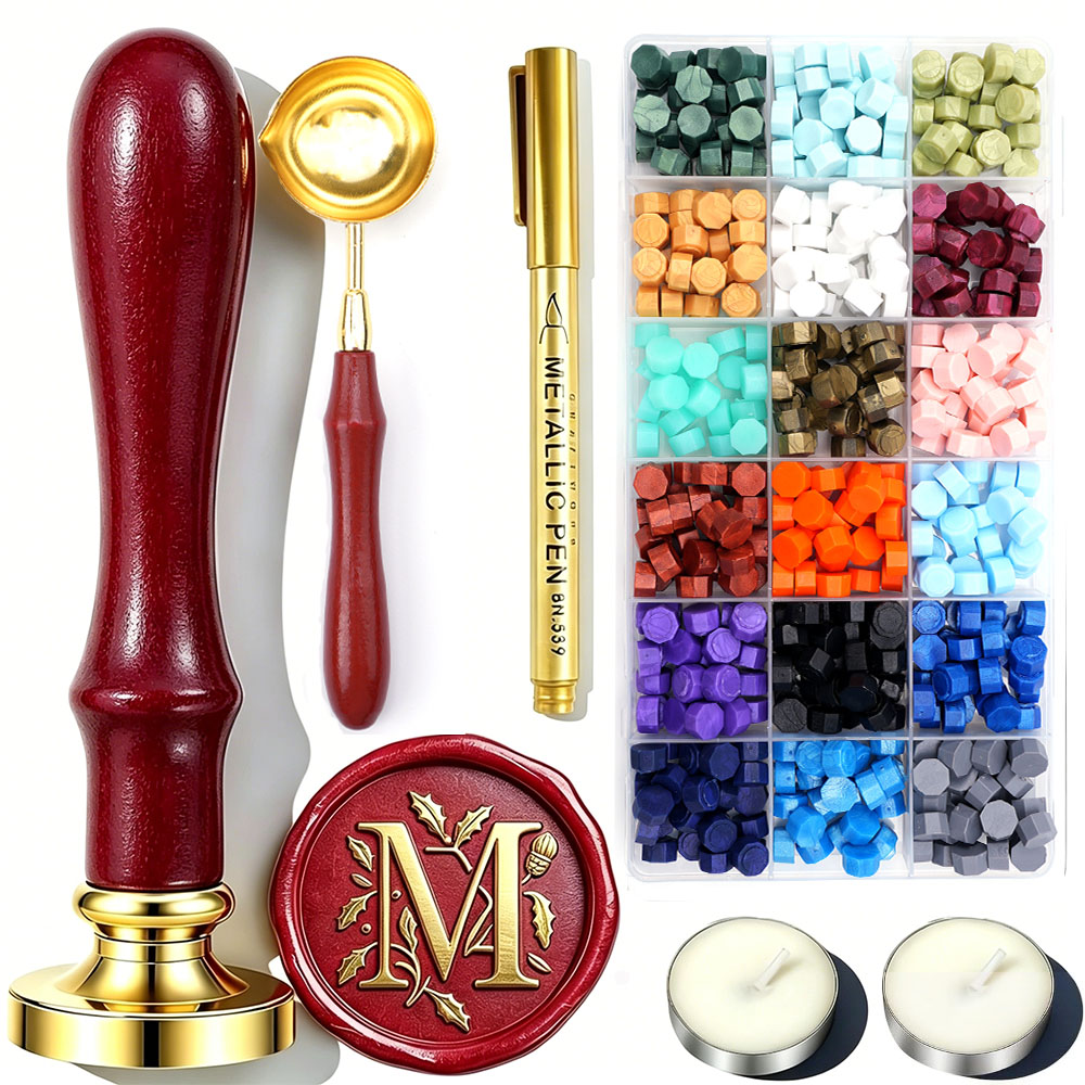 文字Mワックスシールスタンプキット、18色のシーリングワック - Wax Seal Letter Kit のレビューと価格