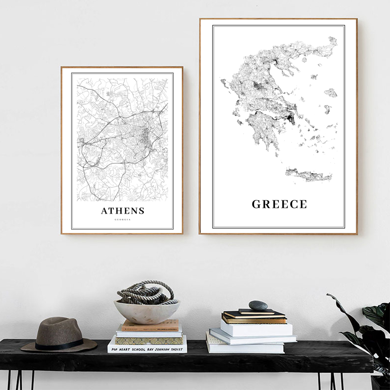 ギリシャ道路地図ポスター黒と白のプリント、アテネ市地図のキャ - Custom Star Map のレビューと価格